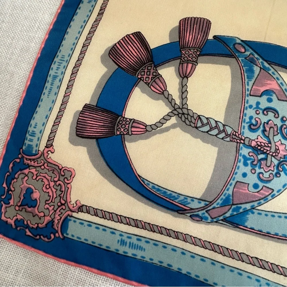 •Silk Handrolled Blue Pink Cream Graphic Square Scarf 22”x23” Made In Japan